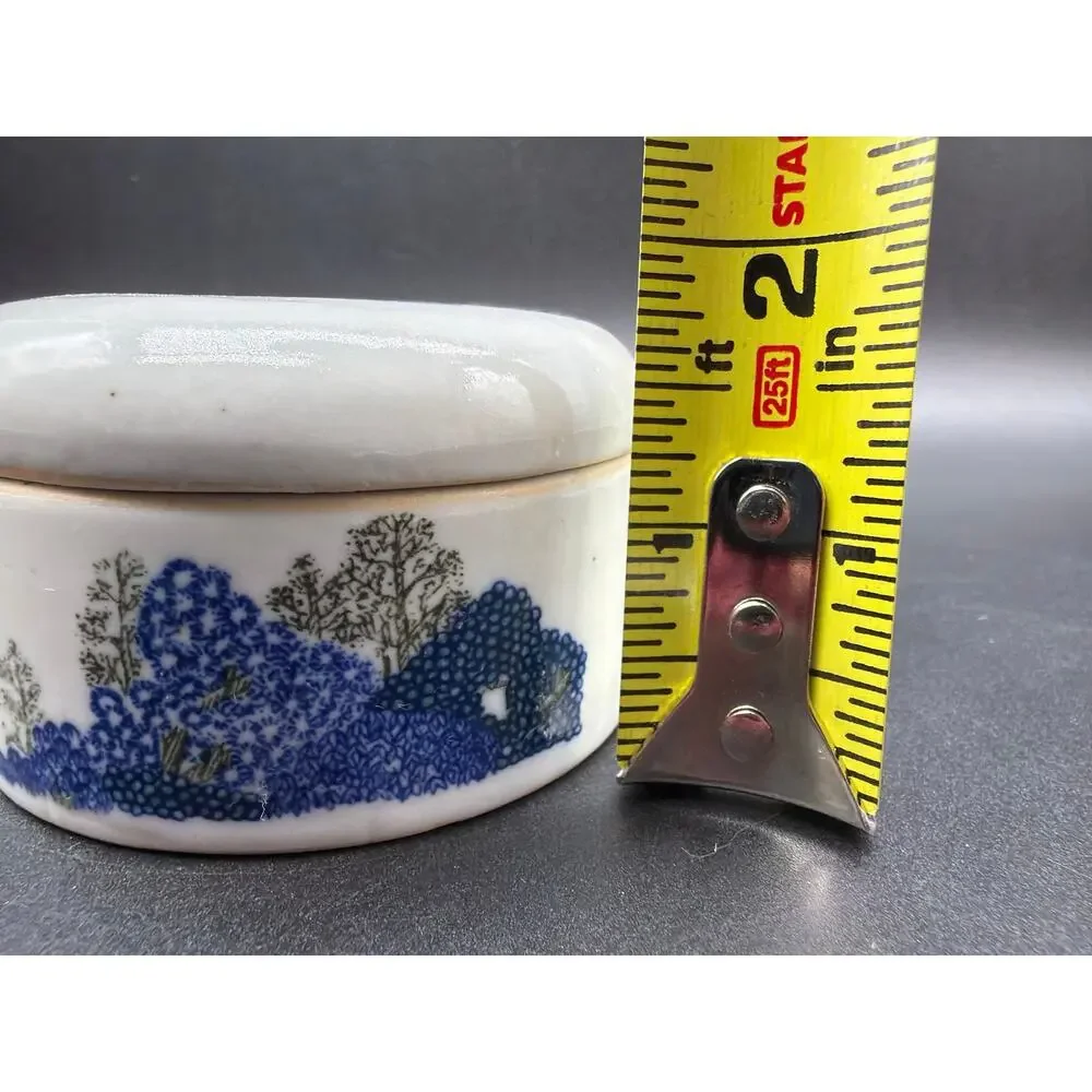 Vintage Taiwan Porcelain Trinket Box Blue Floral Lidded Jewelry Vanity Box 3”
